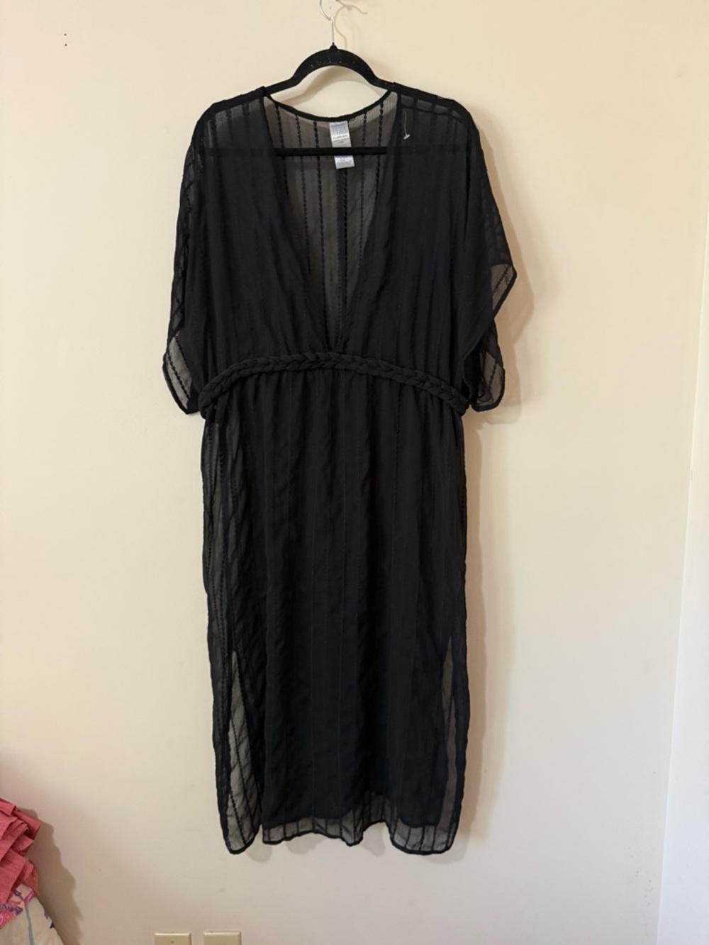Time and Tru Black Sheer V-Neck Midi Dress with Braided Waistband